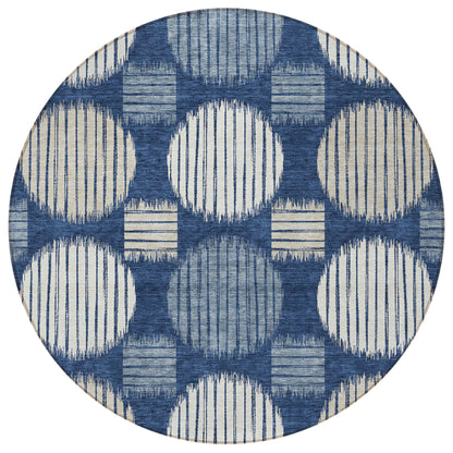 Tabselect Home Line 8' Navy Blue And Ivory Round Geometric Washable Indoor Outdoor Area Rug