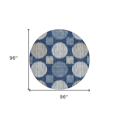 Tabselect Home Line 8' Navy Blue And Ivory Round Geometric Washable Indoor Outdoor Area Rug