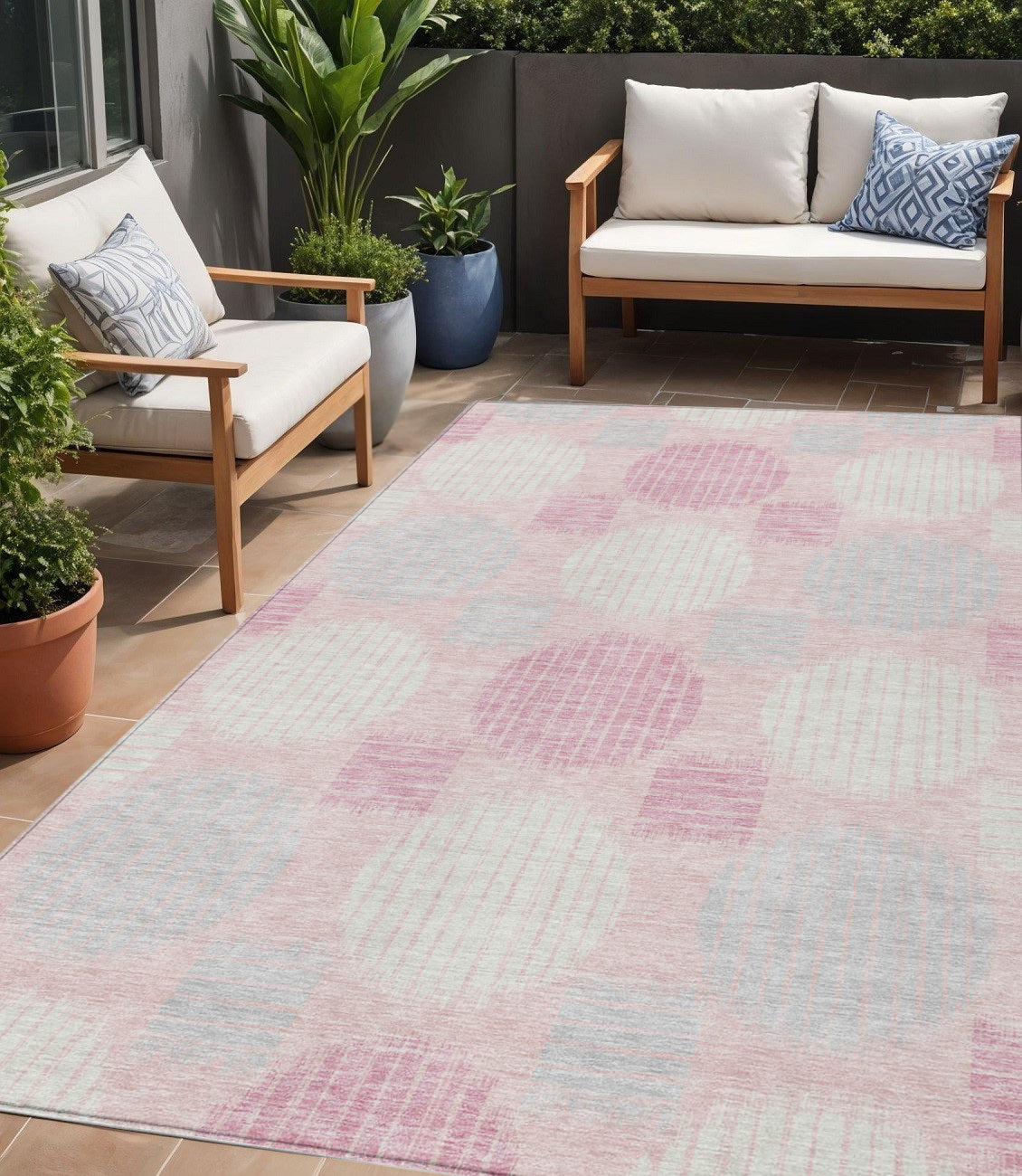 Tabselect Home Line 5' X 8' Pink Gray And Ivory Geometric Washable Indoor Outdoor Area Rug
