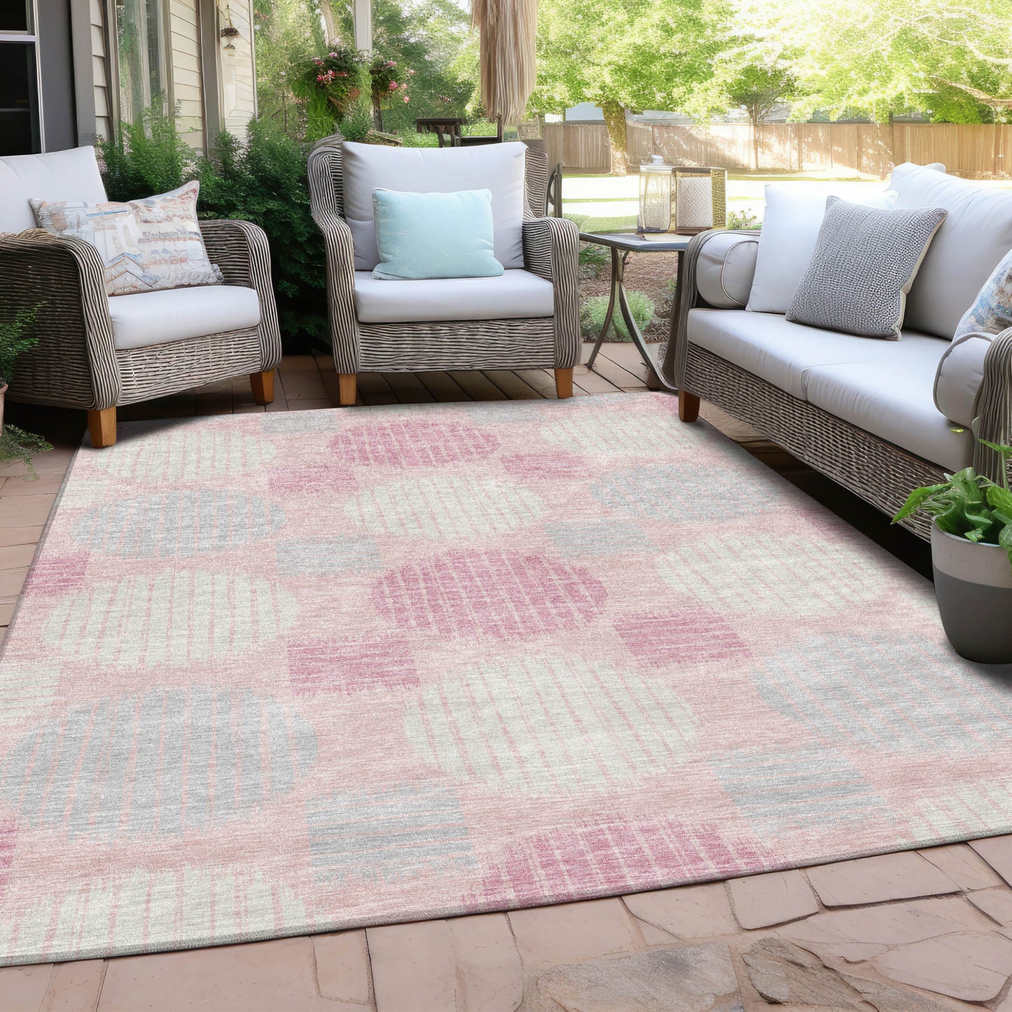 Tabselect Home Line 5' X 8' Pink Gray And Ivory Geometric Washable Indoor Outdoor Area Rug
