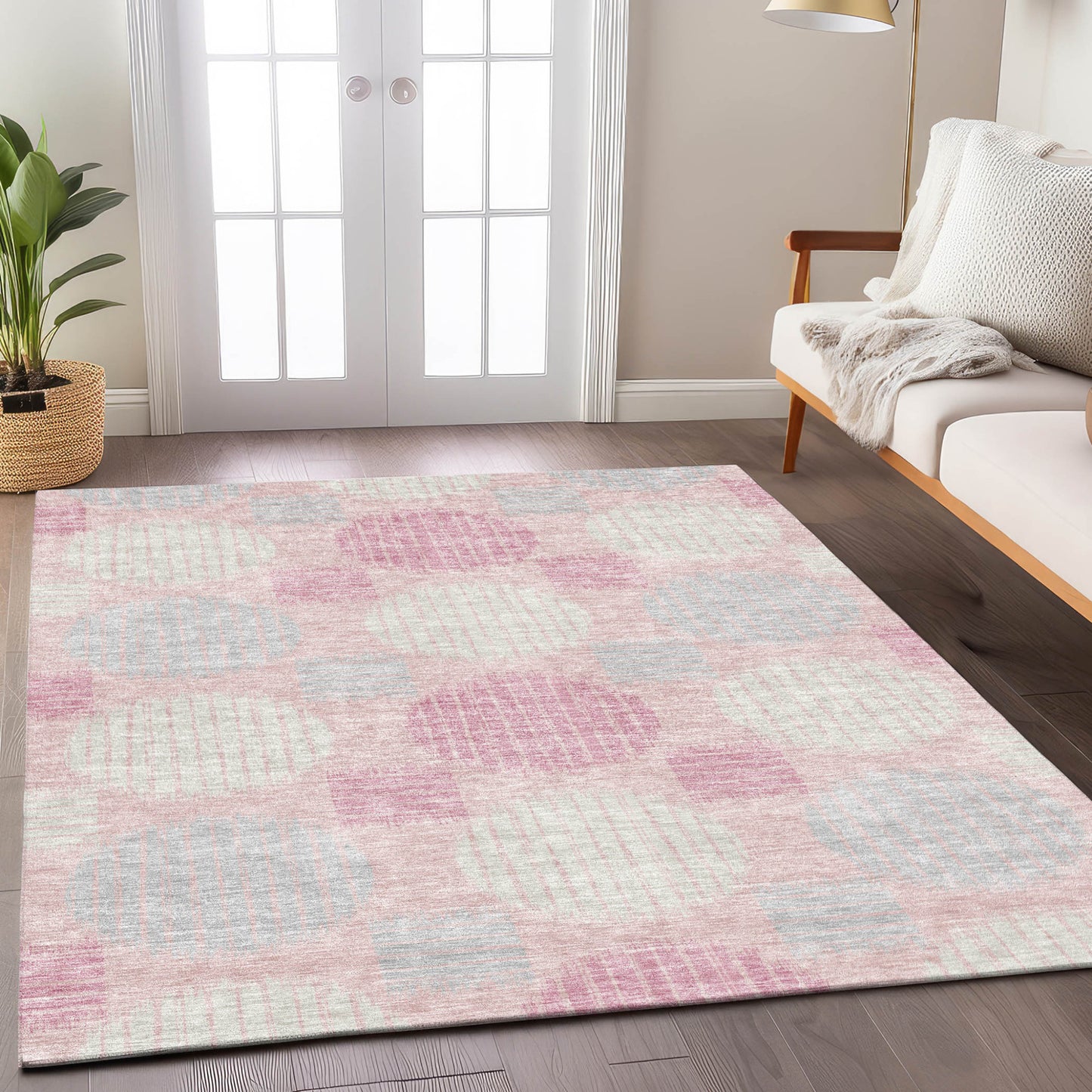 Tabselect Home Line 5' X 8' Pink Gray And Ivory Geometric Washable Indoor Outdoor Area Rug