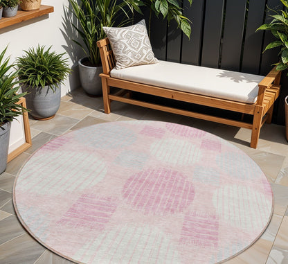Tabselect Home Line 8' Pink Gray And Ivory Round Geometric Washable Indoor Outdoor Area Rug