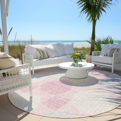 Tabselect Home Line 8' Pink Gray And Ivory Round Geometric Washable Indoor Outdoor Area Rug