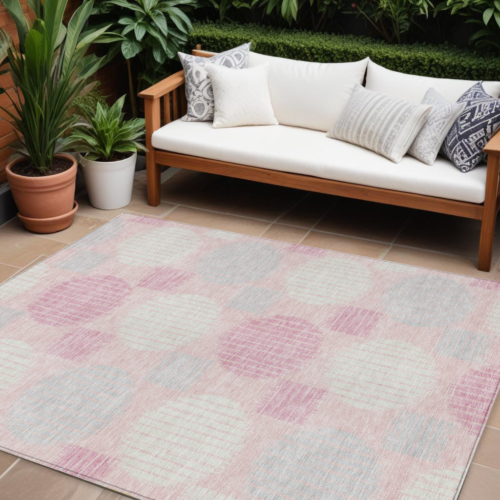 Tabselect Home Line 8' X 10' Pink Gray And Ivory Geometric Washable Indoor Outdoor Area Rug