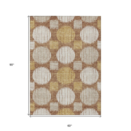 Tabselect Home Line 5' X 8' Brown Beige And Ivory Geometric Washable Indoor Outdoor Area Rug