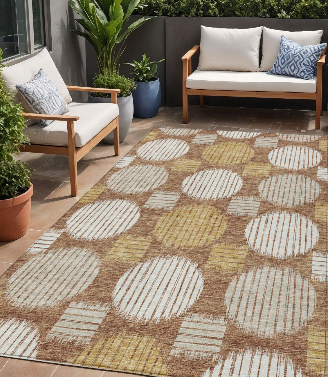 Tabselect Home Line 5' X 8' Brown Beige And Ivory Geometric Washable Indoor Outdoor Area Rug
