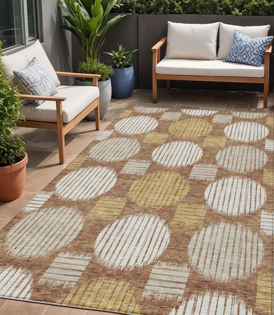 Tabselect Home Line 5' X 8' Brown Beige And Ivory Geometric Washable Indoor Outdoor Area Rug