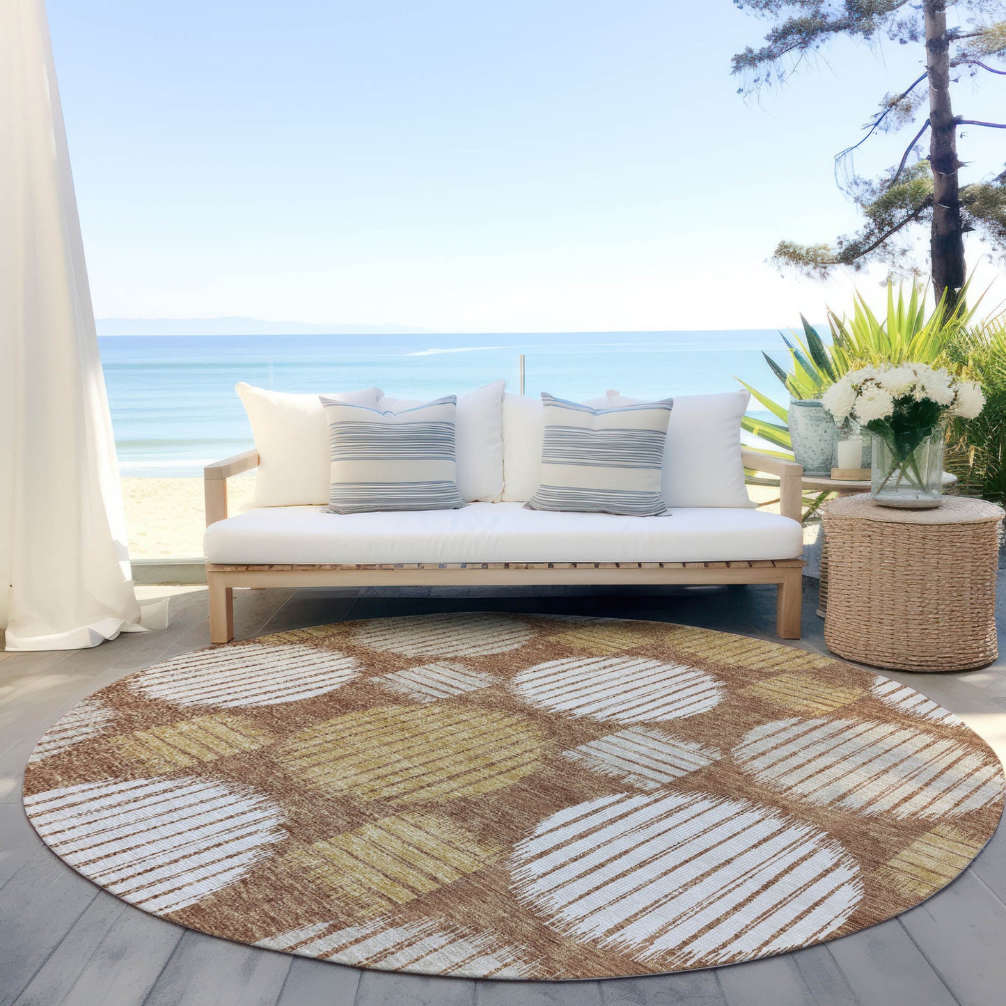 Tabselect Home Line 8' Brown Beige And Ivory Round Geometric Washable Indoor Outdoor Area Rug
