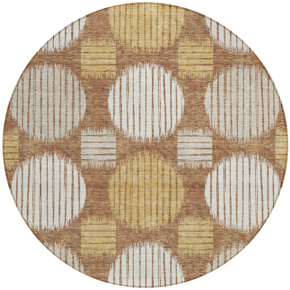 Tabselect Home Line 8' Brown Beige And Ivory Round Geometric Washable Indoor Outdoor Area Rug