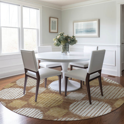 Tabselect Home Line 8' Brown Beige And Ivory Round Geometric Washable Indoor Outdoor Area Rug