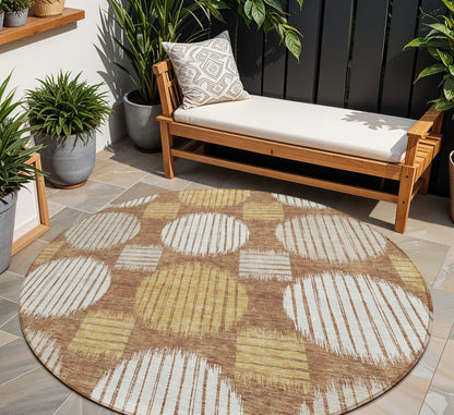 Tabselect Home Line 8' Brown Beige And Ivory Round Geometric Washable Indoor Outdoor Area Rug