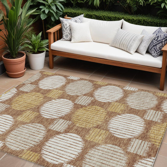 Tabselect Home Line 8' X 10' Brown Beige And Ivory Geometric Washable Indoor Outdoor Area Rug