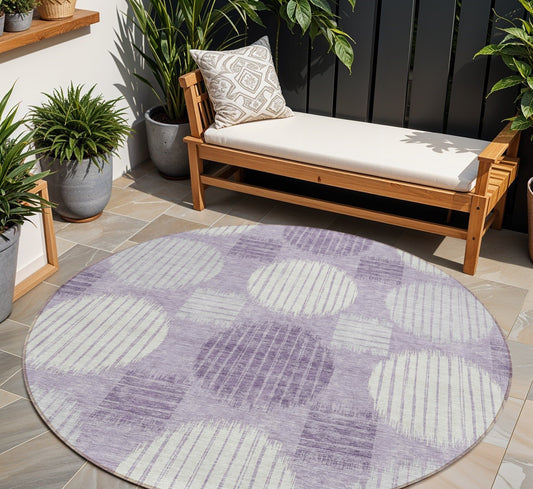 Tabselect Home Line 8' Purple And Ivory Round Geometric Washable Indoor Outdoor Area Rug