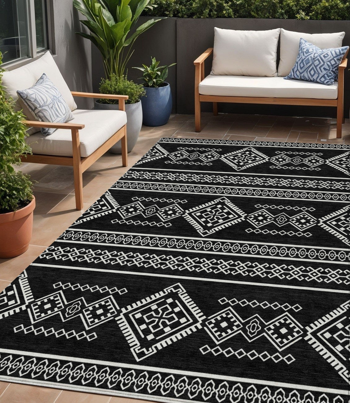 Tabselect Home Line 5' X 8' Black And Ivory Southwestern Washable Indoor Outdoor Area Rug