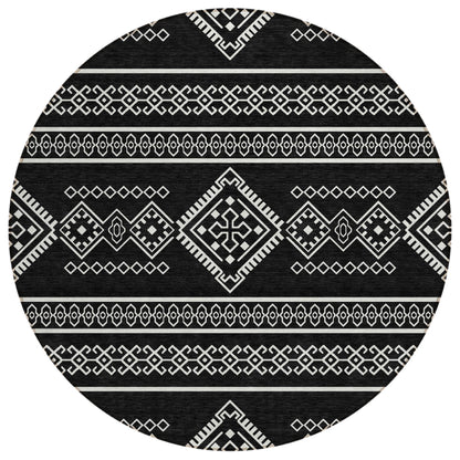 Tabselect Home Line 8' Black And Ivory Round Southwestern Washable Indoor Outdoor Area Rug