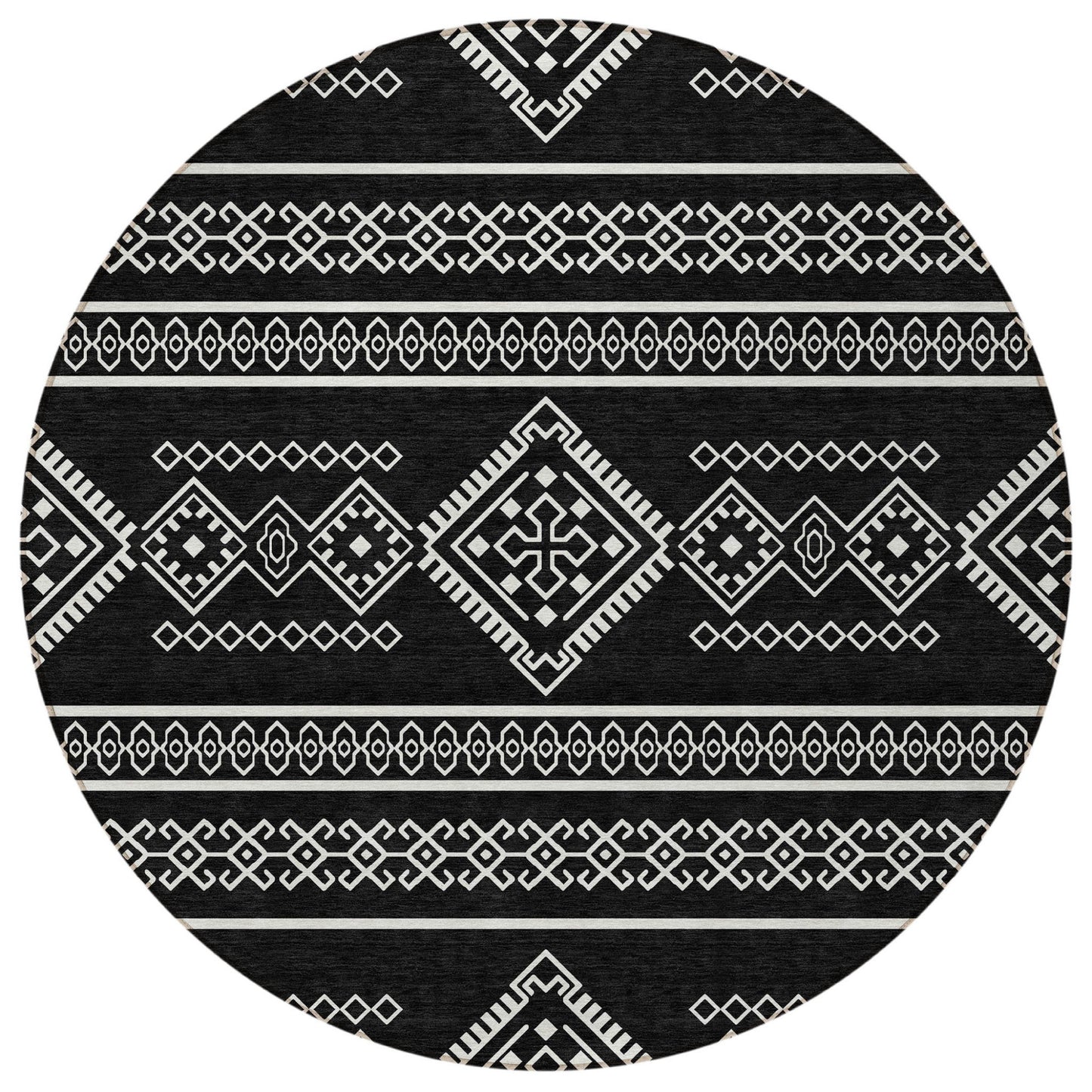 Tabselect Home Line 8' Black And Ivory Round Southwestern Washable Indoor Outdoor Area Rug