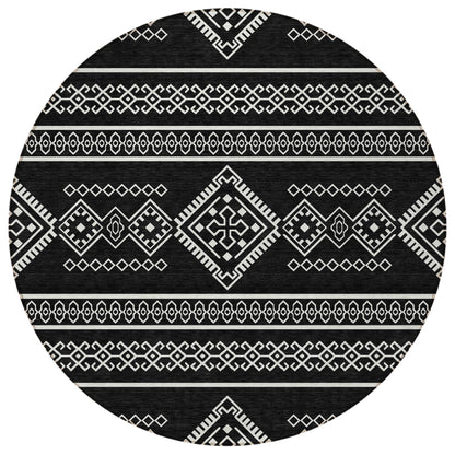 Tabselect Home Line 8' Black And Ivory Round Southwestern Washable Indoor Outdoor Area Rug