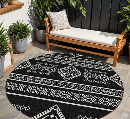 Tabselect Home Line 8' Black And Ivory Round Southwestern Washable Indoor Outdoor Area Rug