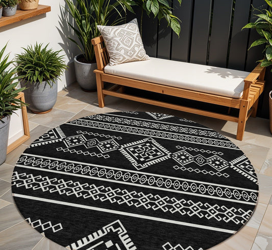 Tabselect Home Line 8' Black And Ivory Round Southwestern Washable Indoor Outdoor Area Rug