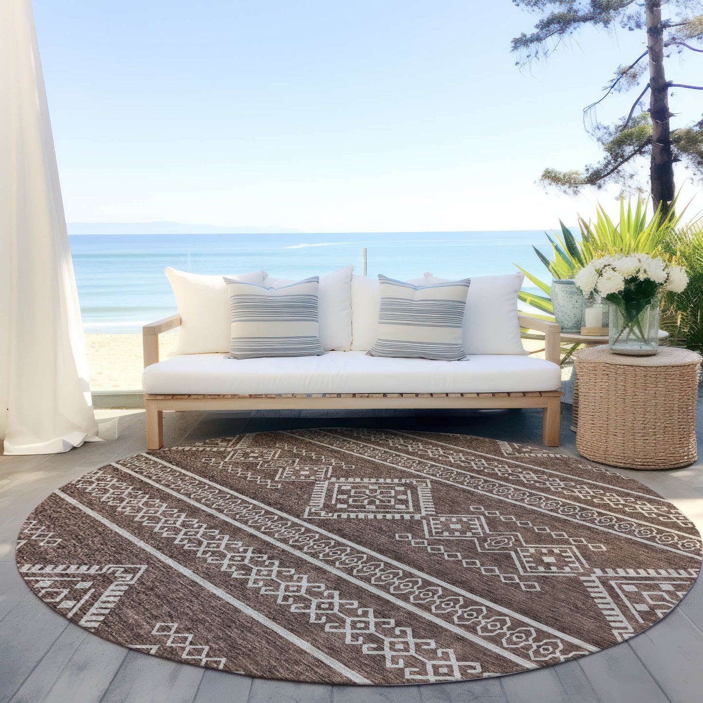 Tabselect Home Line 8' Brown And Ivory Round Southwestern Washable Indoor Outdoor Area Rug
