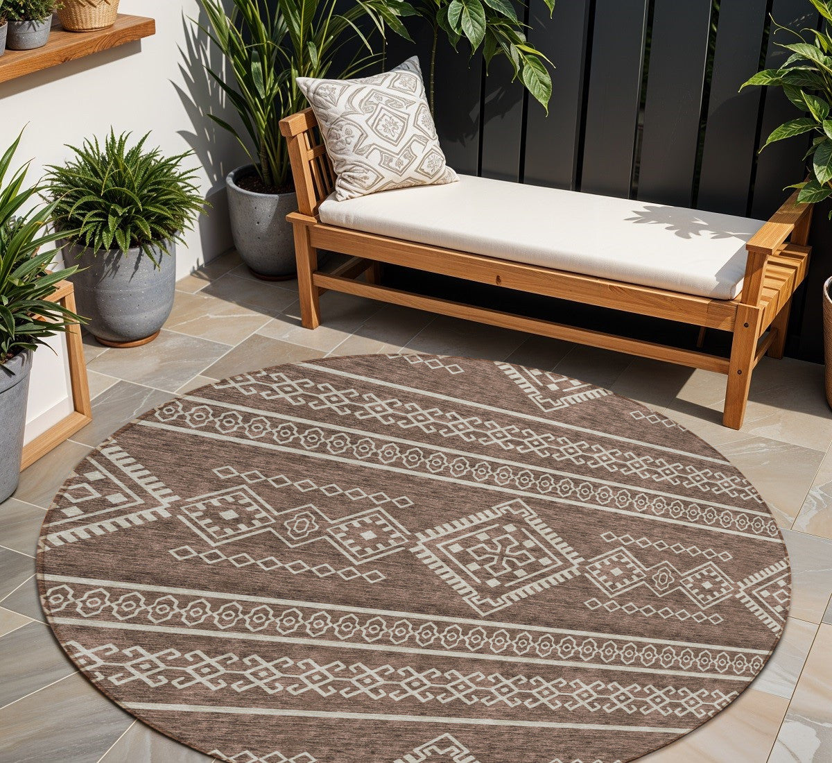 Tabselect Home Line 8' Brown And Ivory Round Southwestern Washable Indoor Outdoor Area Rug