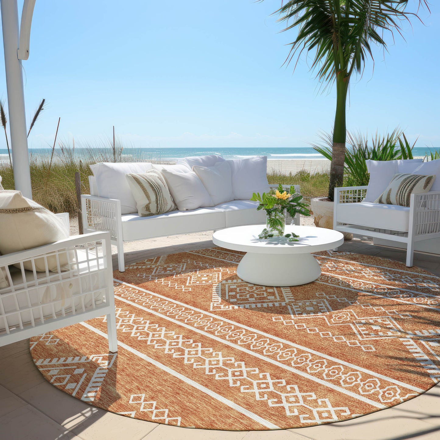Tabselect Home Line 8' Copper And Ivory Round Southwestern Washable Indoor Outdoor Area Rug