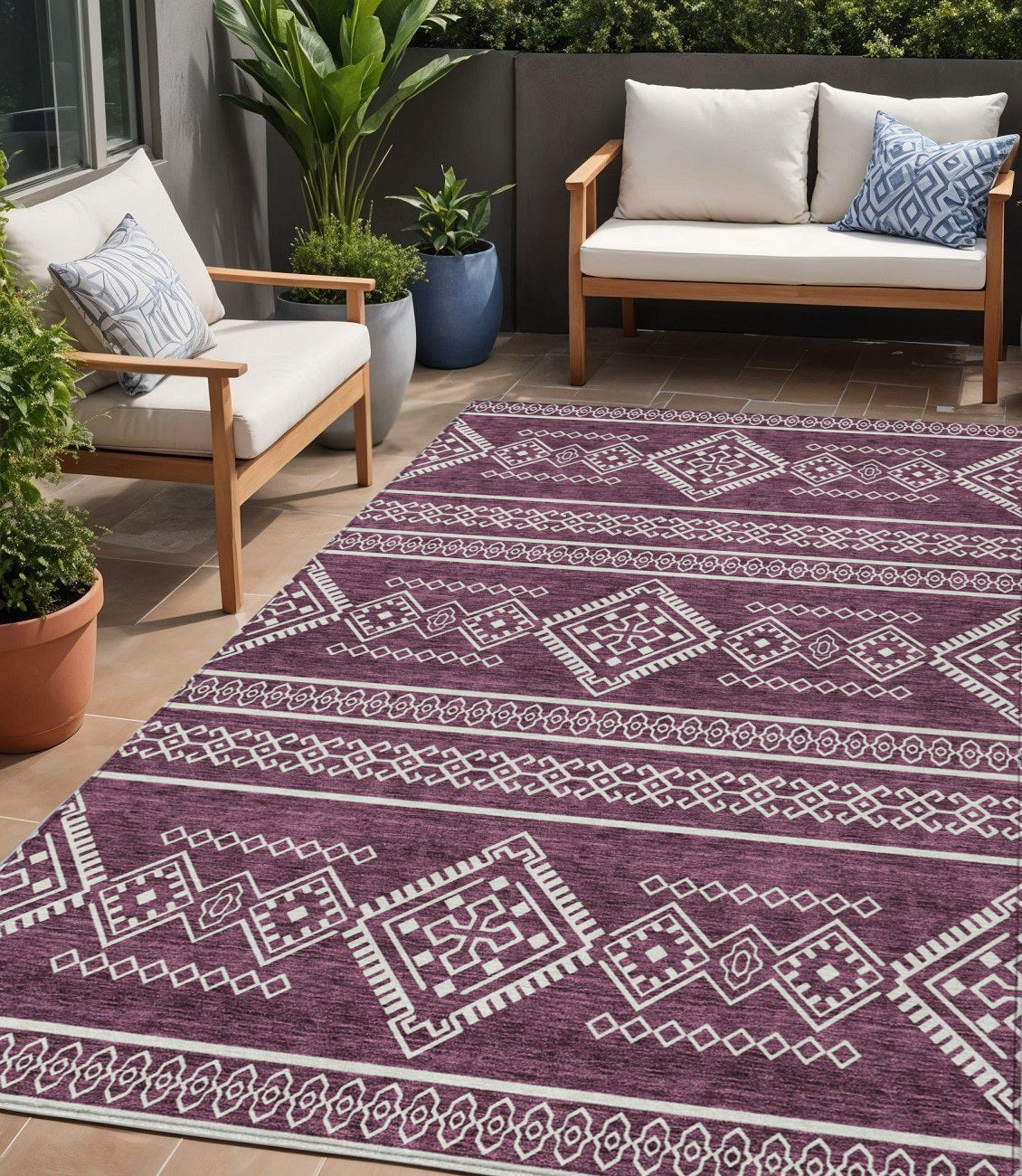Tabselect Home Line 5' X 8' Eggplant And Ivory Southwestern Washable Indoor Outdoor Area Rug