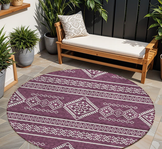 Tabselect Home Line 8' Eggplant And Ivory Round Southwestern Washable Indoor Outdoor Area Rug