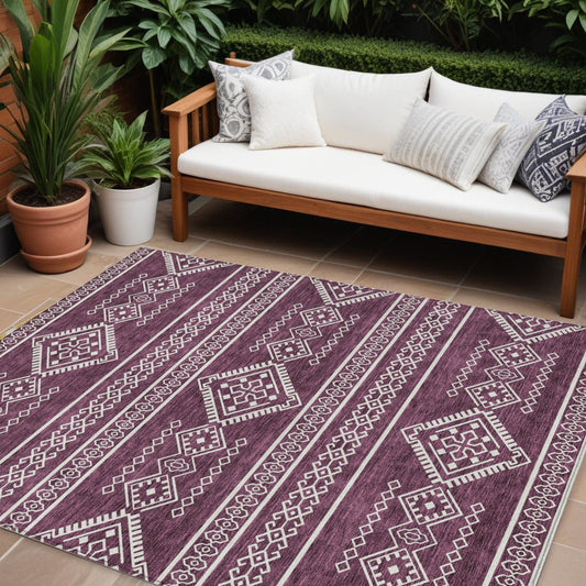 Tabselect Home Line 8' X 10' Eggplant And Ivory Southwestern Washable Indoor Outdoor Area Rug