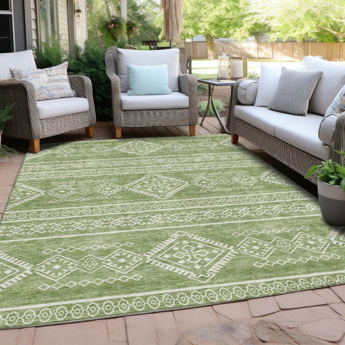 Tabselect Home Line 5' X 8' Green And Ivory Southwestern Washable Indoor Outdoor Area Rug