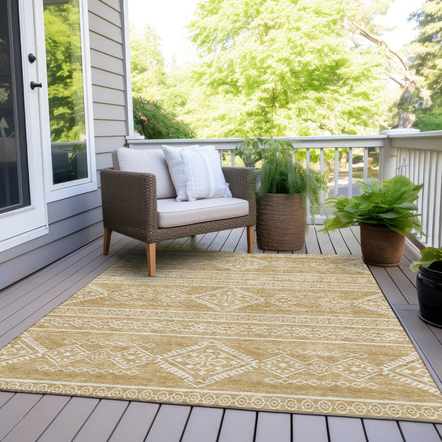 Tabselect Home Line 5' X 8' Gold And Ivory Southwestern Washable Indoor Outdoor Area Rug