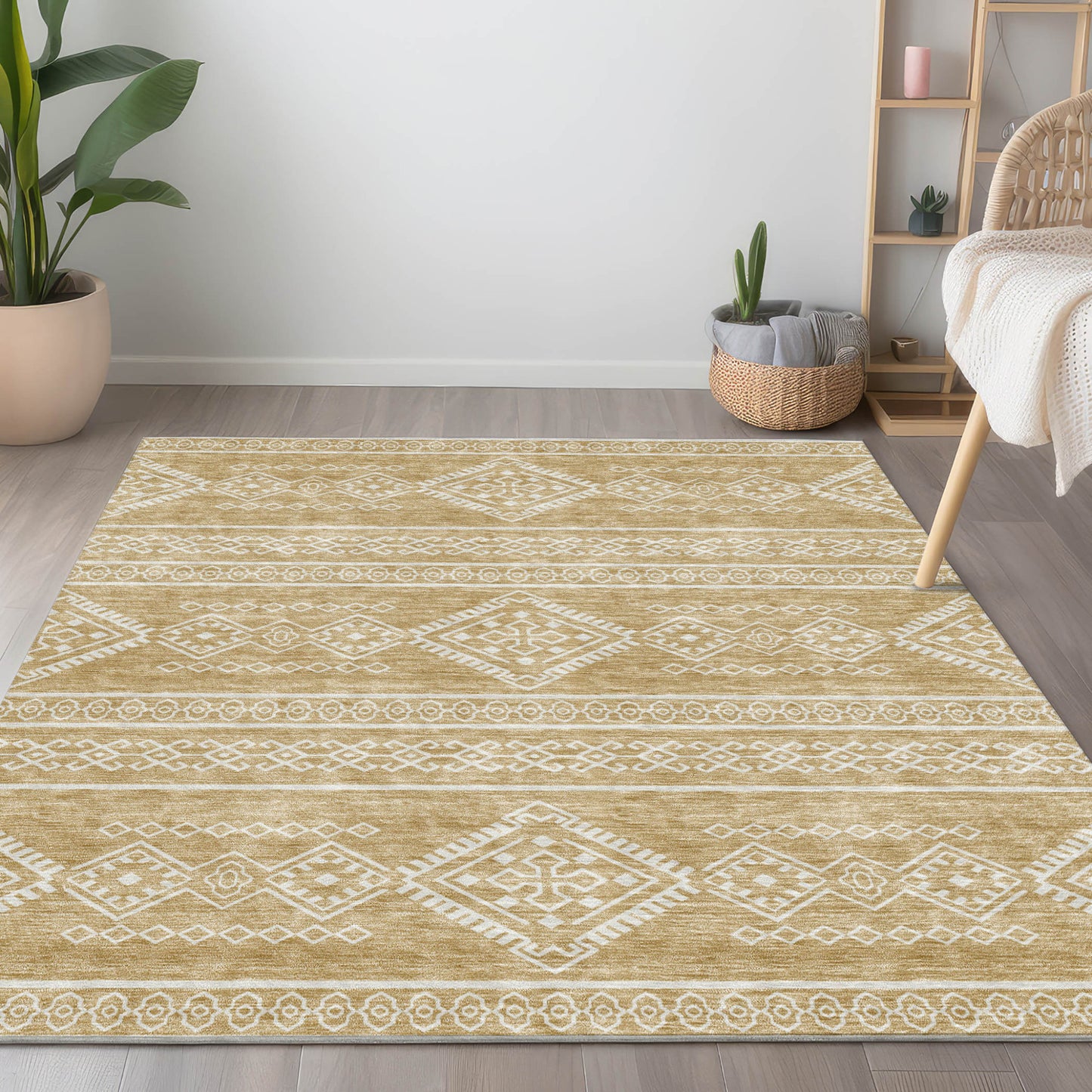 Tabselect Home Line 5' X 8' Gold And Ivory Southwestern Washable Indoor Outdoor Area Rug