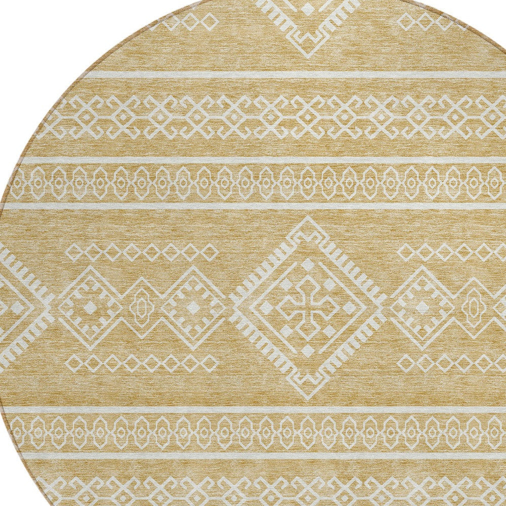 Tabselect Home Line 8' Gold And Ivory Round Southwestern Washable Indoor Outdoor Area Rug
