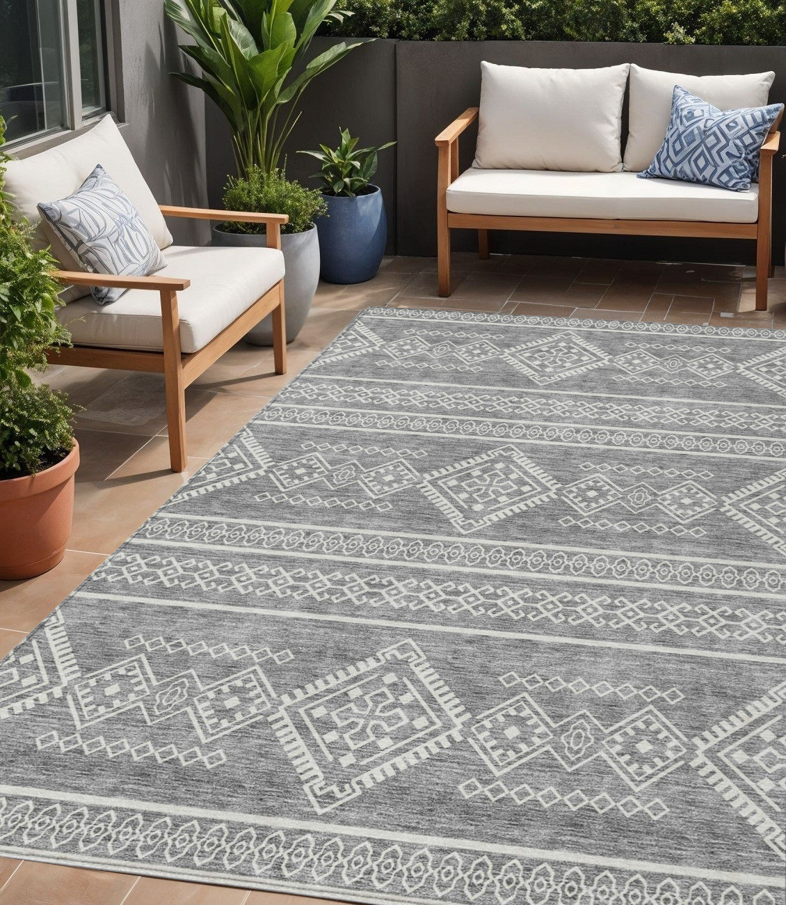 Tabselect Home Line 5' X 8' Gray And Ivory Southwestern Washable Indoor Outdoor Area Rug