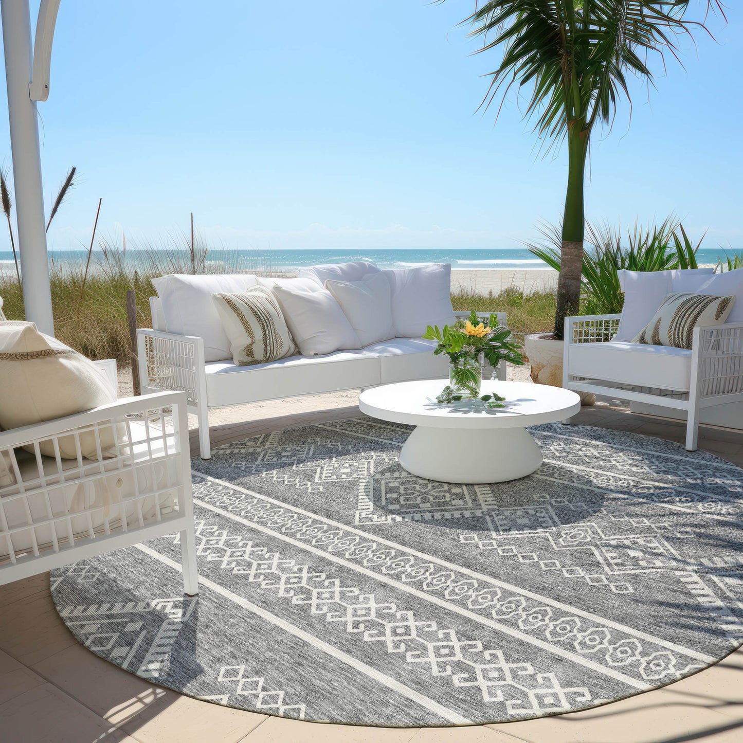 Tabselect Home Line 8' Gray And Ivory Round Southwestern Washable Indoor Outdoor Area Rug