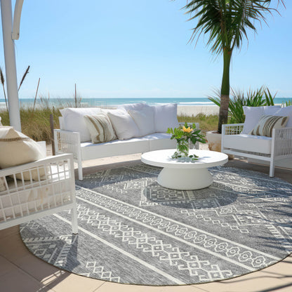 Tabselect Home Line 8' Gray And Ivory Round Southwestern Washable Indoor Outdoor Area Rug