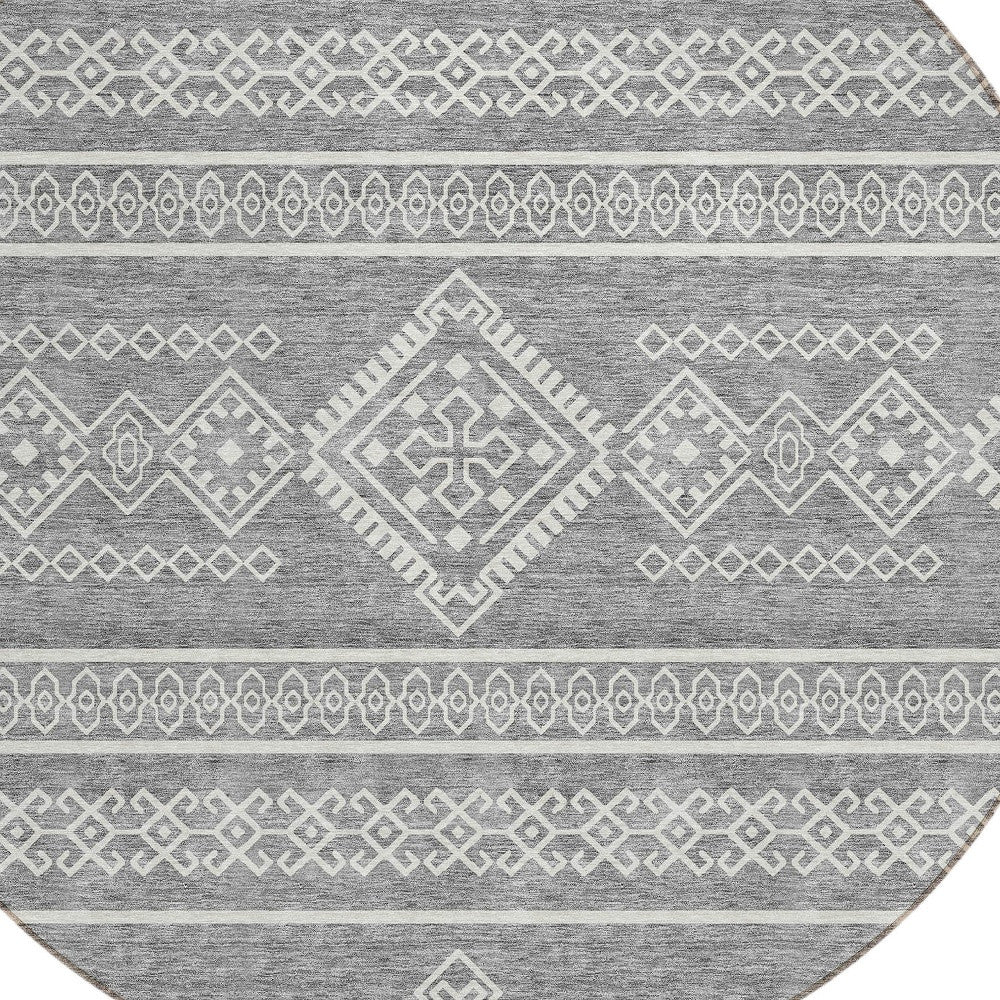 Tabselect Home Line 8' Gray And Ivory Round Southwestern Washable Indoor Outdoor Area Rug