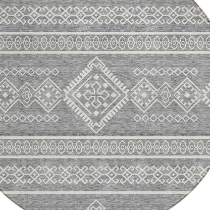 Tabselect Home Line 8' Gray And Ivory Round Southwestern Washable Indoor Outdoor Area Rug