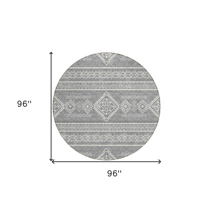 Tabselect Home Line 8' Gray And Ivory Round Southwestern Washable Indoor Outdoor Area Rug