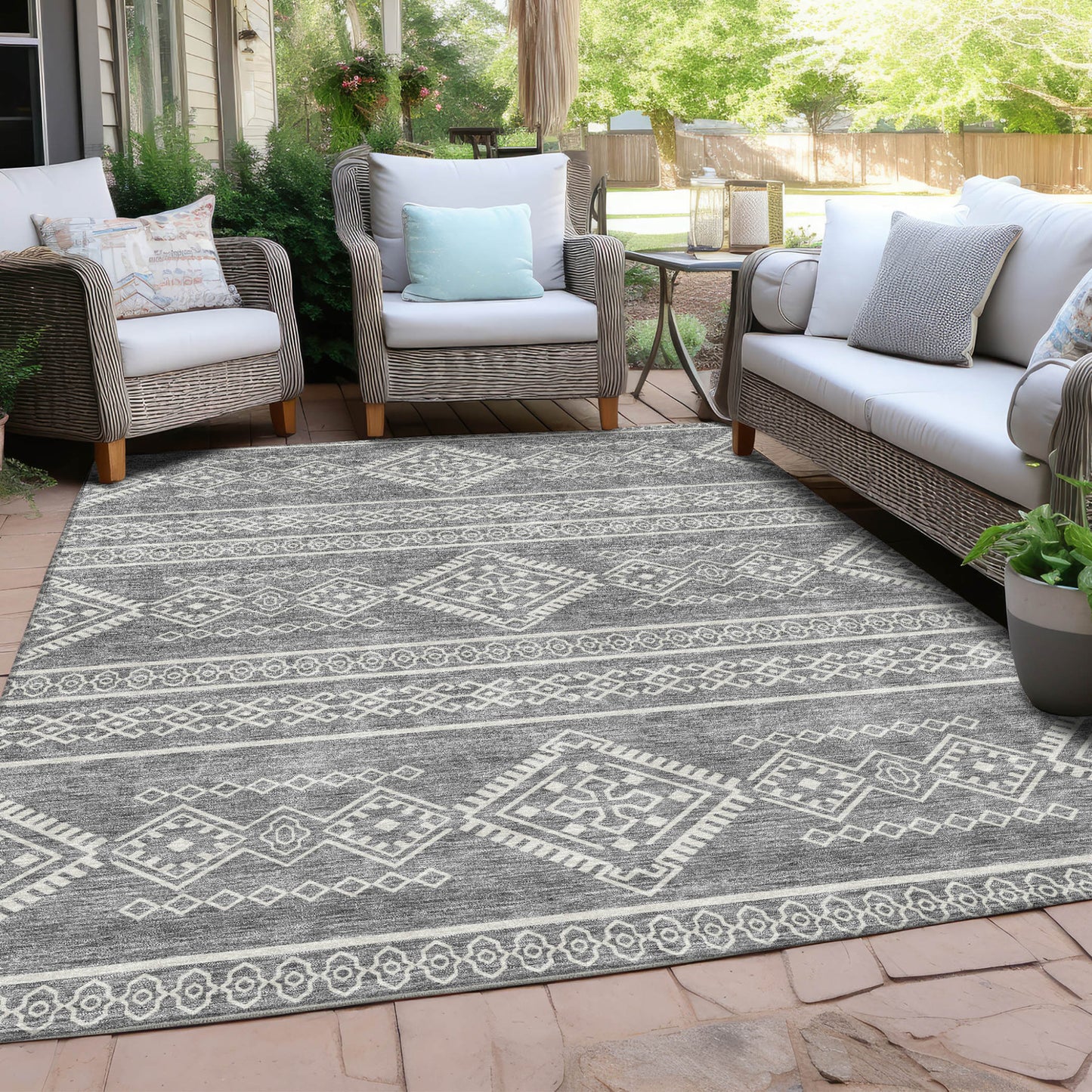 Tabselect Home Line 8' X 10' Gray And Ivory Southwestern Washable Indoor Outdoor Area Rug