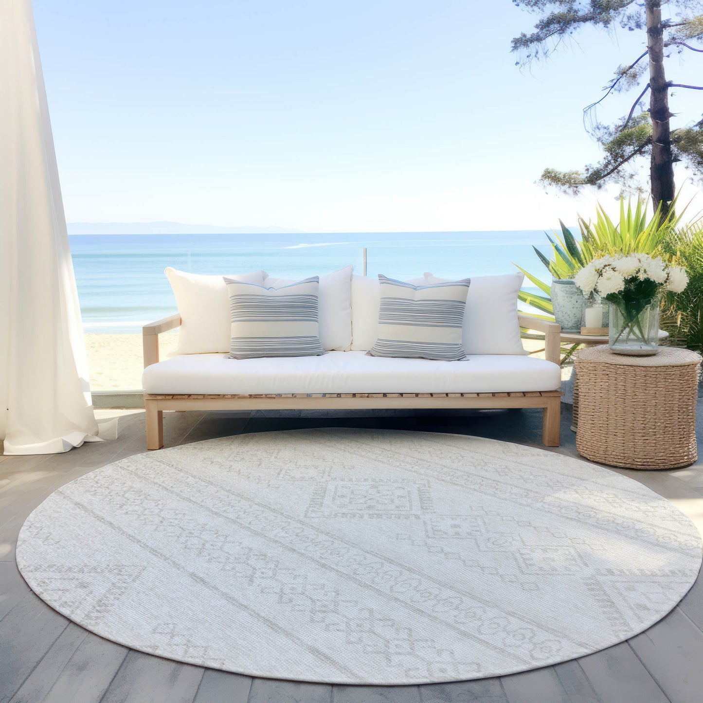 Tabselect Home Line 8' Ivory And Silver Round Southwestern Washable Indoor Outdoor Area Rug
