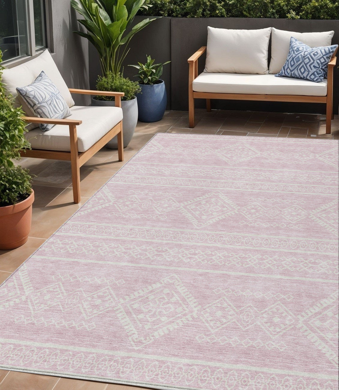 Tabselect Home Line 5' X 8' Pink And Ivory Southwestern Washable Indoor Outdoor Area Rug