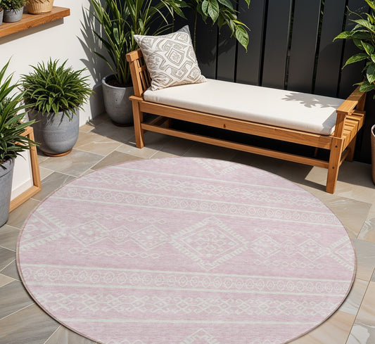 Tabselect Home Line 8' Pink And Ivory Round Southwestern Washable Indoor Outdoor Area Rug