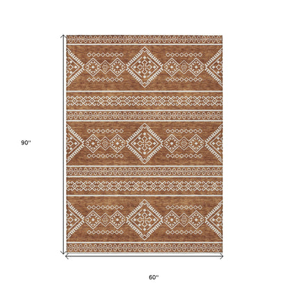 Tabselect Home Line 5' X 8' Orange And Ivory Southwestern Washable Indoor Outdoor Area Rug