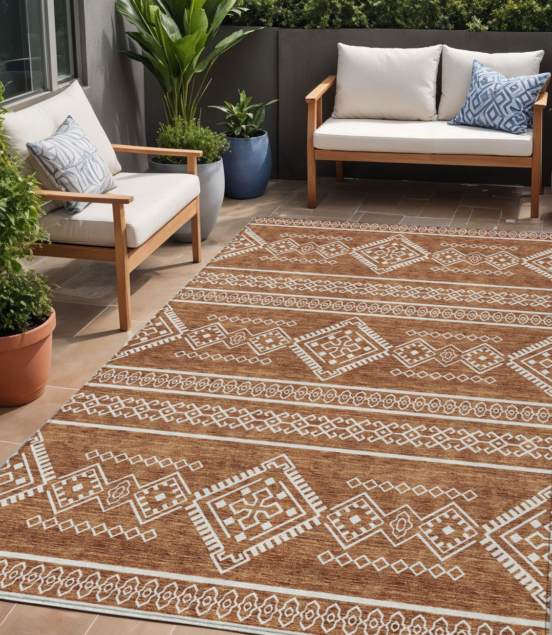 Tabselect Home Line 5' X 8' Orange And Ivory Southwestern Washable Indoor Outdoor Area Rug