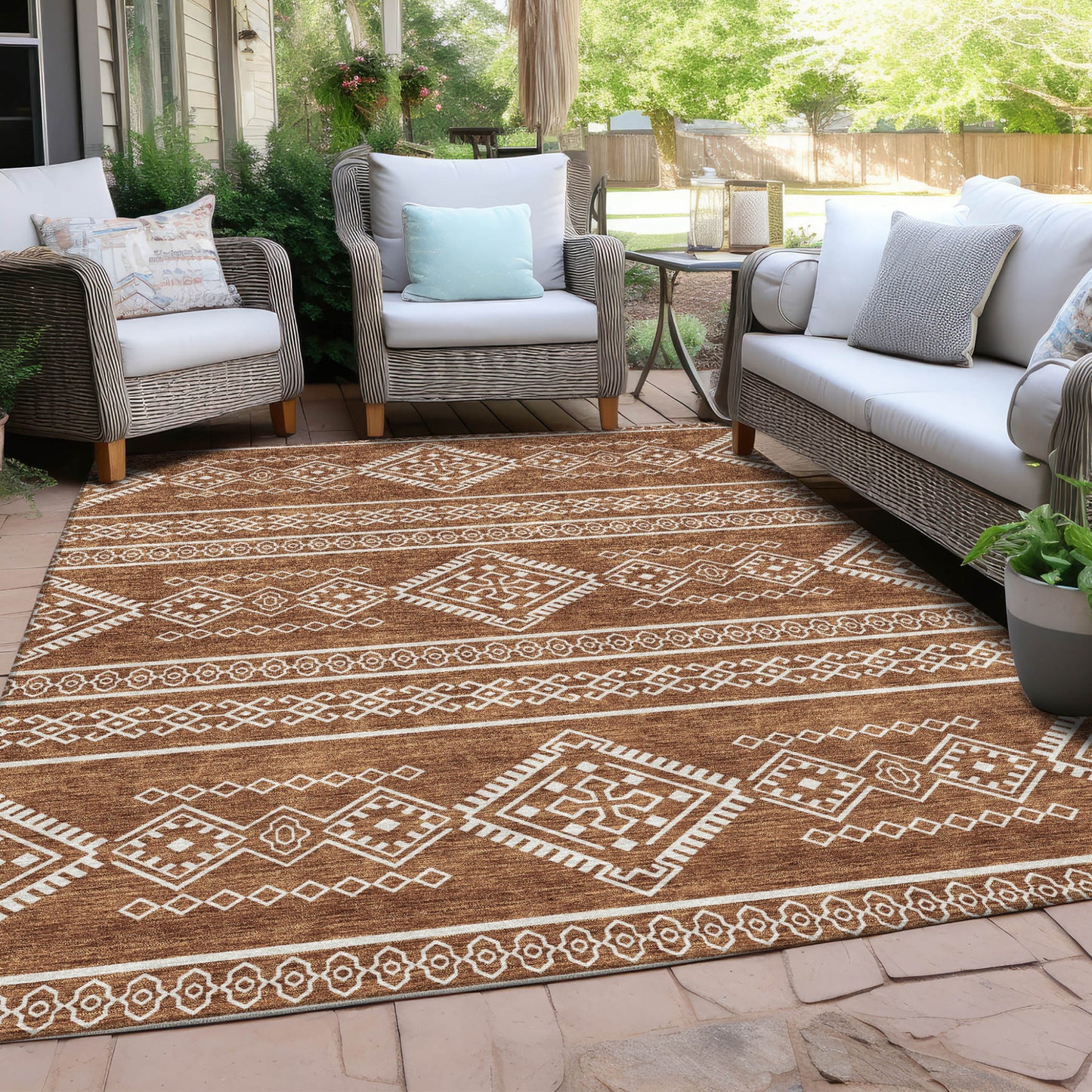 Tabselect Home Line 5' X 8' Orange And Ivory Southwestern Washable Indoor Outdoor Area Rug