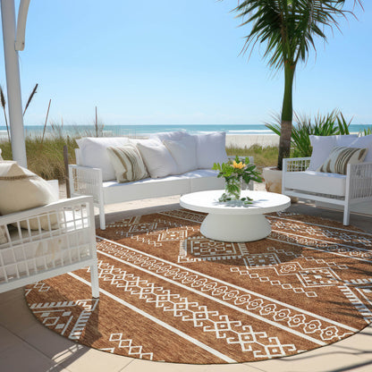 Tabselect Home Line 8' Orange And Ivory Round Southwestern Washable Indoor Outdoor Area Rug