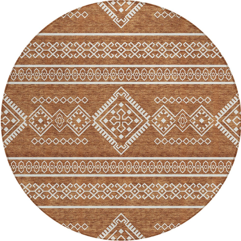 Tabselect Home Line 8' Orange And Ivory Round Southwestern Washable Indoor Outdoor Area Rug