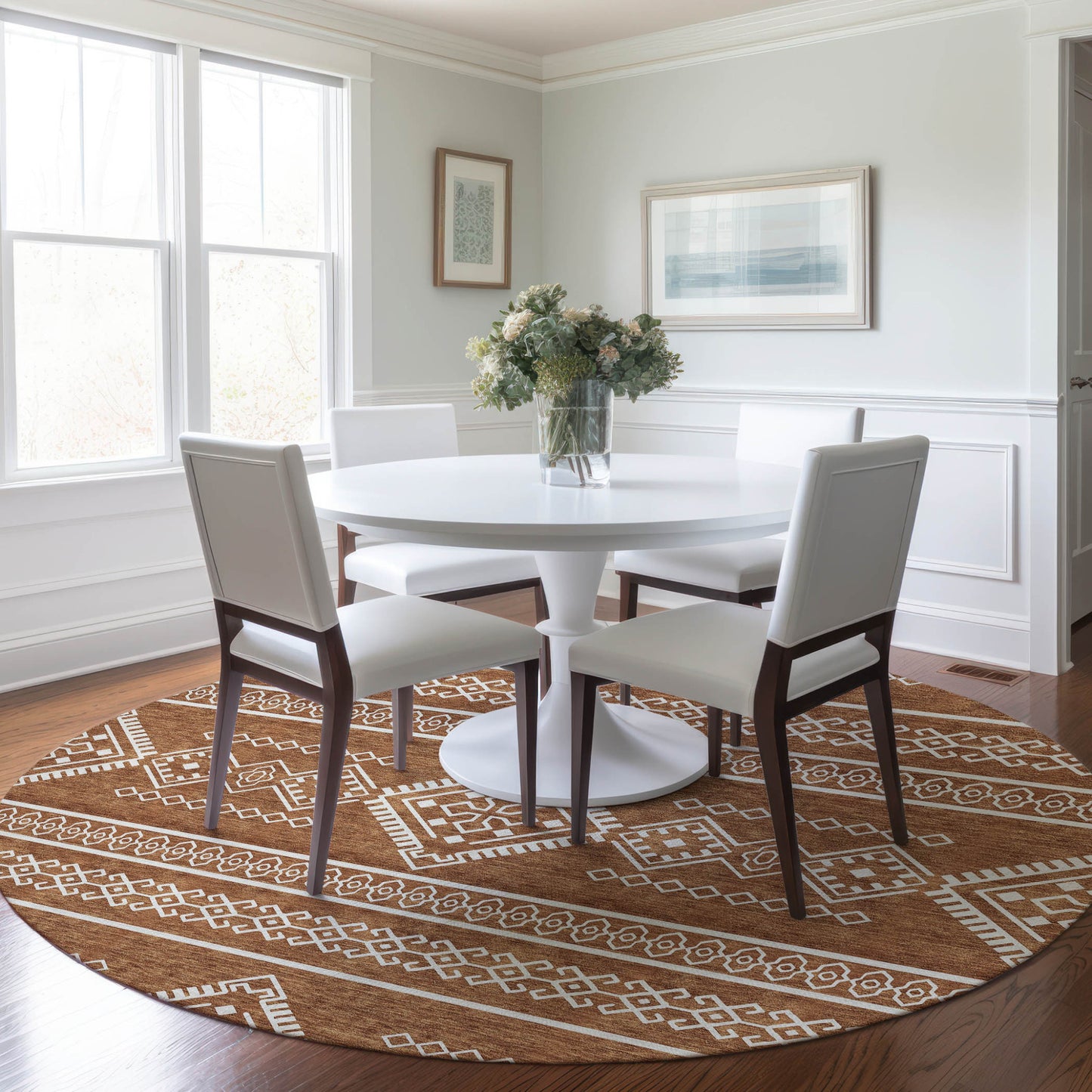 Tabselect Home Line 8' Orange And Ivory Round Southwestern Washable Indoor Outdoor Area Rug