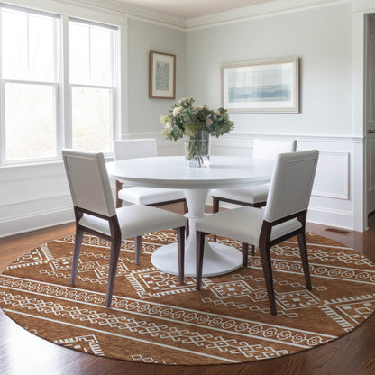 Tabselect Home Line 8' Orange And Ivory Round Southwestern Washable Indoor Outdoor Area Rug